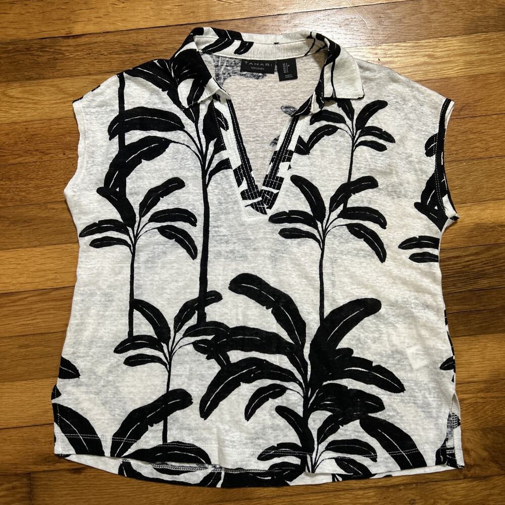 Tahari Women sz S 100% Linen Black White Palm Print Tropical Top V-neck Nautical - Picture 4 of 6